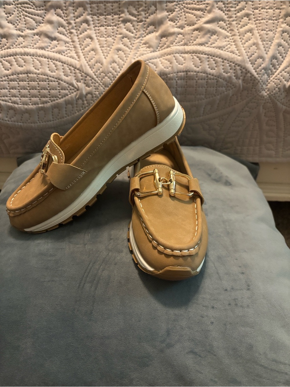 Women’s Tan Slip-On Loafers with Gold Bit Accent